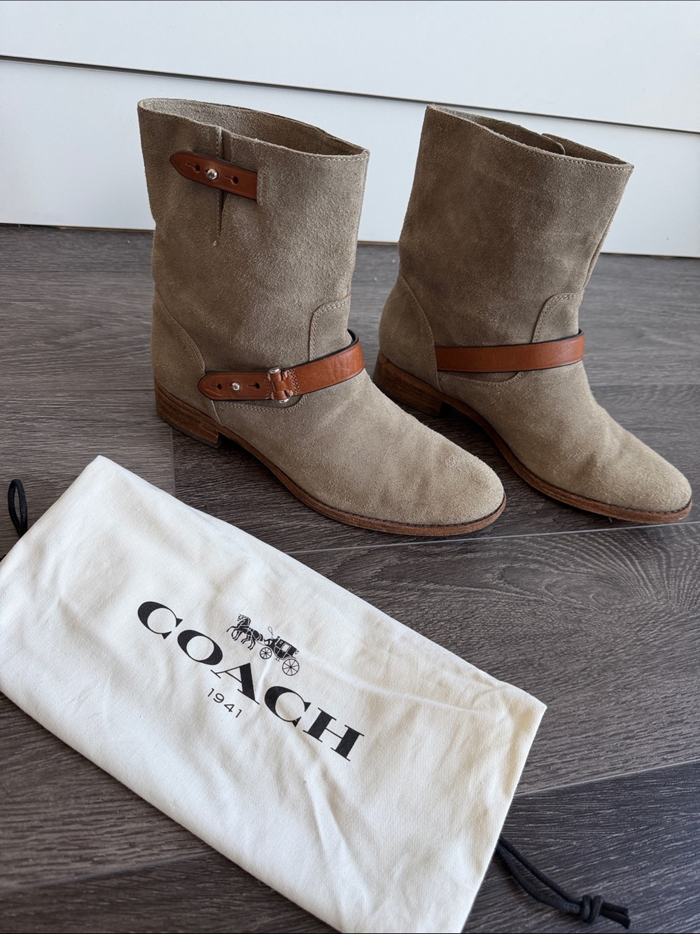 Coach Vintage Amy Suede Short Buckle Moto Ankle Boot Taupe/Grey